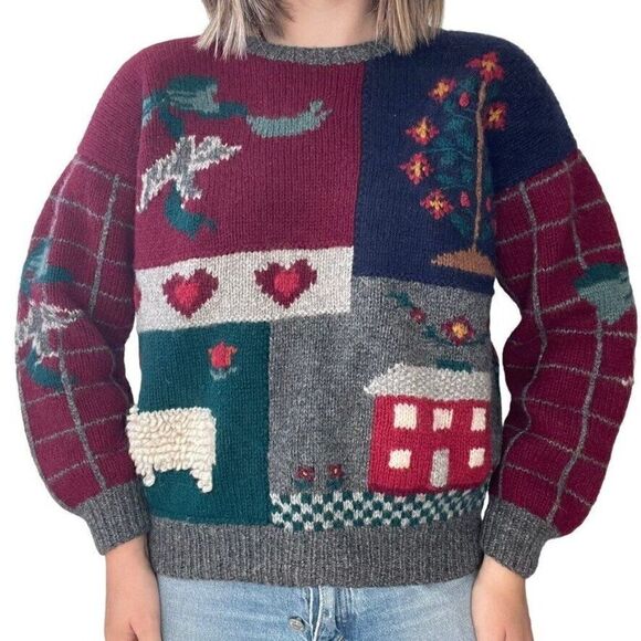 Vintage Womens Deans of Scotland Hand Knit Cottagecore Farm Scene Wool Sweater - Picture 8 of 9